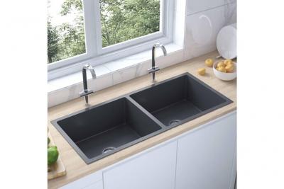 VIDAXL Evier de cuisine - - Rectangulaire - 2 bacs - Inox noir - Design contemporain