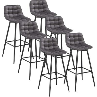 Lot de 6 tabouret de bar-chaise de bar- en velours avec pieds et repose-pieds en m&eacute;tal-gris fonc&eacute;