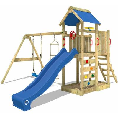 WICKEY Aire de jeux -  portique bois multiflyer avec balan&ccedil;oire et toboggan bleu