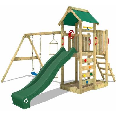 WICKEY Aire de jeux Portique bois MultiFlyer avec balan&ccedil;oire et toboggan vert 