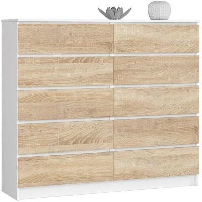 Akord - Commode K140 Blanche 138 cm 10 tiroirs fa&ccedil;ade Ch&ecirc;ne Sonoma 138x40x121 cm