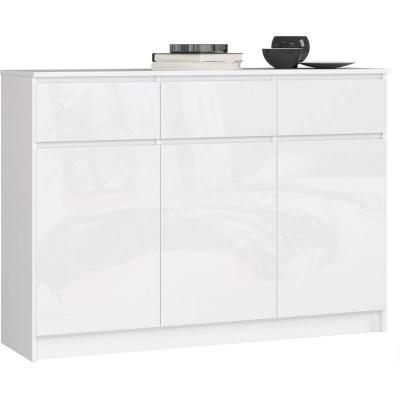 Commode K140 Blanche 138 cm 3 portes 3 tiroirs fa&ccedil;ade Blanche Brillante 6 &eacute;tag&egrave;res 138x40x99 cm