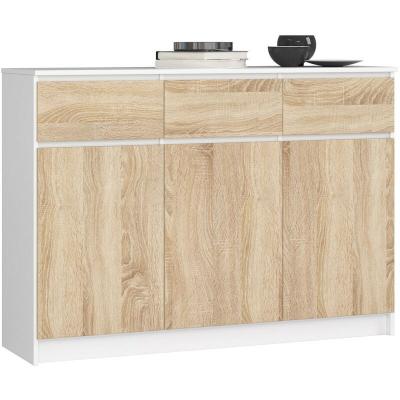 Akord - Commode K140 Blanche 138 cm 3 portes 3 tiroirs fa&ccedil;ade Ch&ecirc;ne Sonoma 6 &eacute;tag&egrave;res 138x40x99 cm
