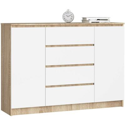 Akord - Commode K140 Ch&ecirc;ne Sonoma 138 cm 2 portes 4 tiroirs fa&ccedil;ade Blanche 4 &eacute;tag&egrave;res 138x40x99 cm