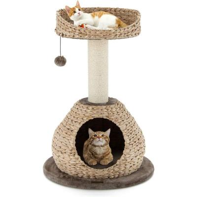 COSTWAY Arbre &agrave; Chat  H 705 CM avec Griffoir Niche et Pompon Suspendu Naturel et Caf&eacute;