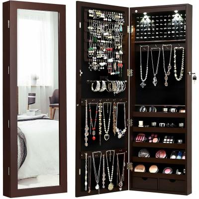 CostwayArmoire &agrave; Bijoux avec LED Dedans Crochets Miroir et Tiroirs pour Maquillage Quotidien et Bijoux 37 x 9,5 x108 cm Brun