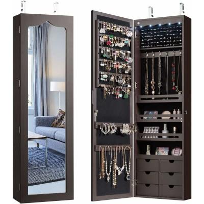 Armoire &agrave; Bijoux Murale LED avec Miroir 6 Tiroirs Hauteur du Crochet Ajustable 120x36,5x11,5CM Marro