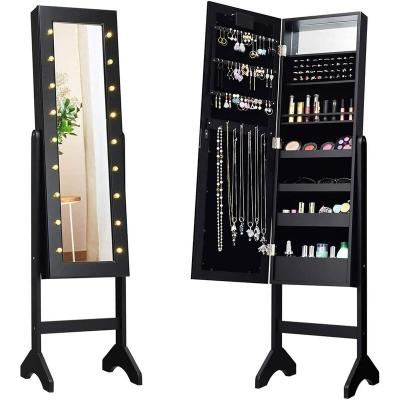 Armoire &agrave; Bijoux sur Pied GOPLUS - Miroir Plein Longueur & Lumi&egrave;res LED - Verrouillable Noir