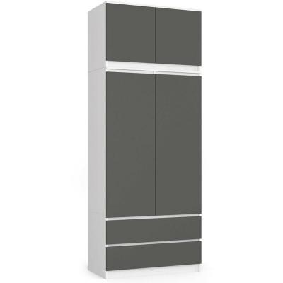 Armoire avec surmeuble akord s90 blanche 90 cm 2 portes 2 tiroirs fa&ccedil;ade gris graphite 6 &eacute;tag&egrave;res 90x51x234 cm Armoire S90 