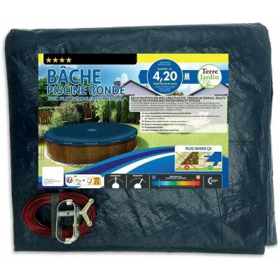 TERRE JARDIN B&acirc;che Piscine Ronde 4.2 m, 140 g/m&sup2; - Bache Hivernage Piscine Hors Sol - Filet d'&Eacute;coulement 35 x 35 cm, Cordon de Serrage - Pour piscine 3.60 m