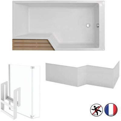Bain douche neo + pare bain + tablier blanc mat, 180 x 70/90 version droite