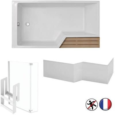 Bain douche neo + pare bain + tablier blanc mat, 180 x 70/90 version gauche