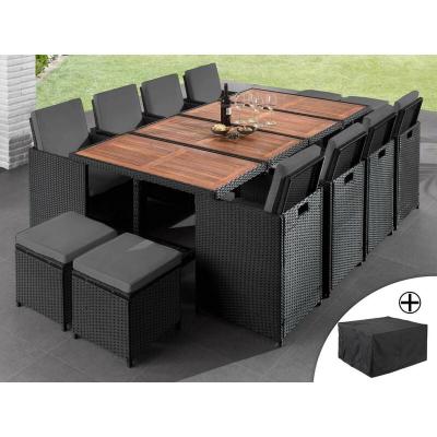 Cuba - Salon de jardin encastrable 12 places - en r&eacute;sine tress&eacute;e - Noir avec coussins gris  - Noir