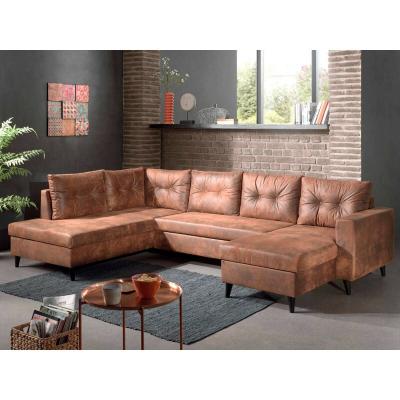 BESTMOBILIER NORDIC - Canap&eacute; panoramique en U - 7 places - Convertible - Industriel vintage - Gauche- Marron