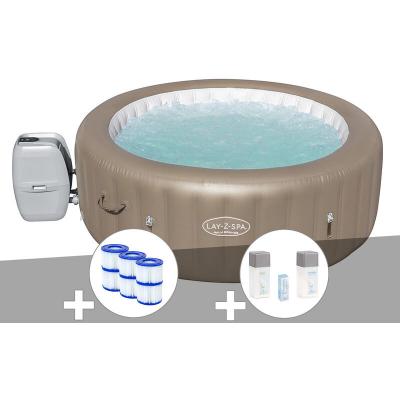 BESTWAY Kit spa gonflable Lay-Z-Spa Palm Springs rond Airjet 4/6 places + 6 filtres + Kit traitement brome