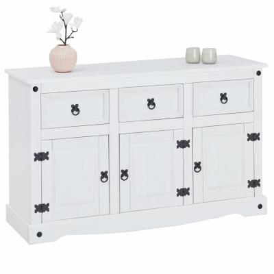 Buffet RURAL avec 3 tiroirs et 3 portes, style mexicain en pin massif blanc