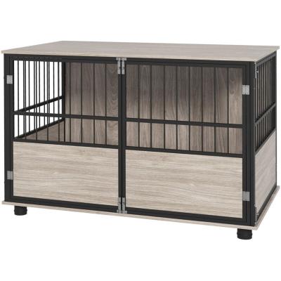 PAWHUT Cage pour chien animaux style industriel - porte coulissante verrouillable - acier noir panneaux aspect bois