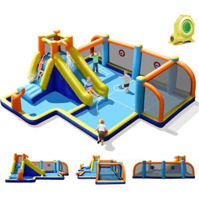 COSTWAY Chateau  Gonflable Eau XXL  Aquatique  avec Toboggan  Souffleur 680W Mur dEscalade Canon &agrave; Eau Zone de Football
