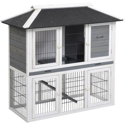 PAWHUT Clapier cage &agrave; lapin 2 &eacute;tages 4 portes bois sapin gris blanc
