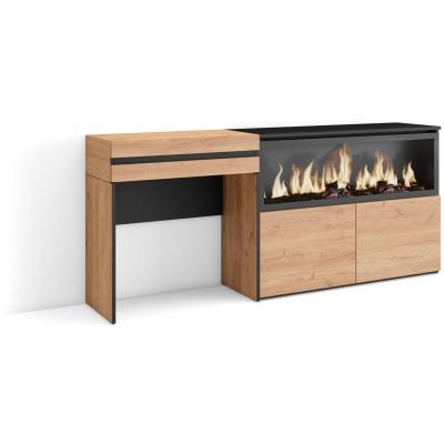 SKRAUT HOME Coiffeuse effet bois ch&ecirc;ne 177x35x75cm chemin&eacute;e effet feu XXL