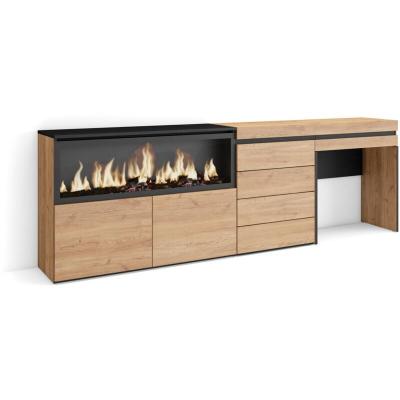 SKRAUT HOME Coiffeuse effet bois ch&ecirc;ne 234x35x75cm chemin&eacute;e effet feu XXL