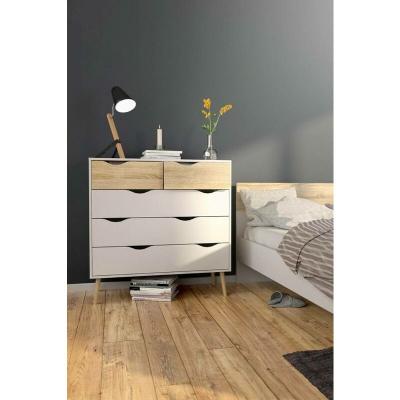 Dmora Commode &agrave; cinq tiroirs, blanc et ch&ecirc;ne, Mesures 98 x 100 x 39 cm