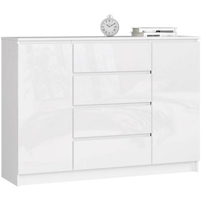 Commode K140 Blanche 138 cm 2 portes 4 tiroirs fa&ccedil;ade Blanche Brillante 4 &eacute;tag&egrave;res 138x40x99 cm