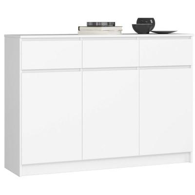 Commode akord k140 blanche 138 cm 3 portes 3 tiroirs fa&ccedil;ade blanche 6 &eacute;tag&egrave;res 138x40x99 cm