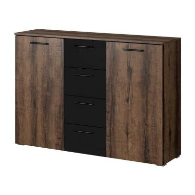 Commode design 2 portes et 4 tiroirs 130cm. Collection EOS coloris ch&ecirc;ne fonc&eacute; et noir