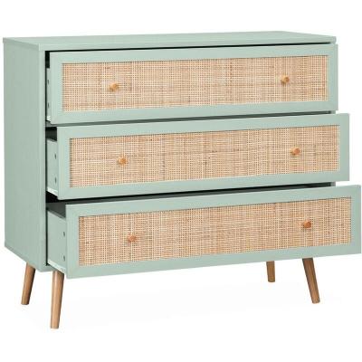 Commode en d&eacute;cor bois vert c&eacute;ladon et cannage