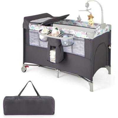 COSTWAY  - 5 en 1 Lit Parapluie B&eacute;b&eacute; avec Matelas et Table &agrave; Langer Amovible, Lit B&eacute;b&eacute; &Eacute;volutif avec Bo&icirc;te &agrave; Musique et Jouets Suspendus, Hauteur