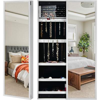 Armoire &agrave; bijoux &agrave; porte coulissante, miroir bijoux suspendu avec 22 crochets pour collier blanc 