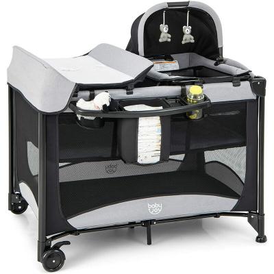 COSTWAY Lit Parapluie B&eacute;b&eacute; Pliable 5 En 1 Matelas Table &Agrave; Langer En Forme U Avec Auvent R&eacute;glable,2 Jouets, Entr&eacute;e Lat&eacute;rale Noir
