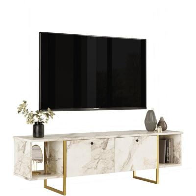 VENTE UNIQUE Meuble tv toubkal 160cm m&eacute;tal or et bois effet marbre blanc
