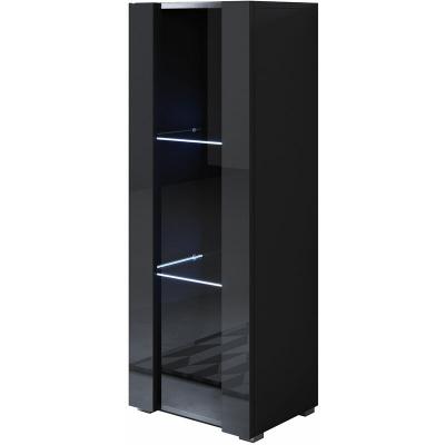 Vitrine Armoire 1 porte LED - LUKE V2 - Noir Brillant - 3 compartiments - Rangement