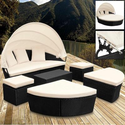 CASARIA Lit de jardin rond noir 226cm en polyrotin avec pare-soleil