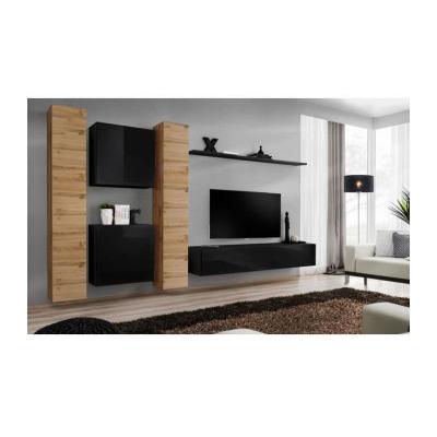 PRICE FACTORY Meuble TV mural SWITCH VI design, coloris noir brillant et ch&ecirc;ne Wotan. 40 Noir
