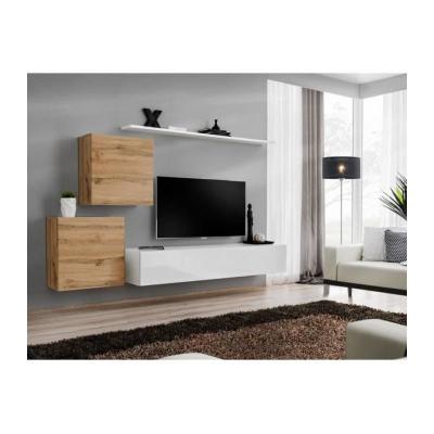 PRICE FACTORY Ensemble meuble salon SWITCH V design, coloris blanc brillant et ch&ecirc;ne Wotan.