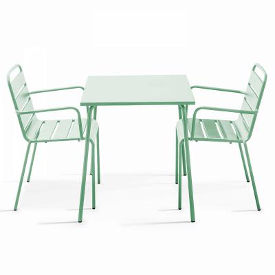 OVIALA Ensemble table de jardin carr&eacute;e et 2 fauteuils acier vert sauge