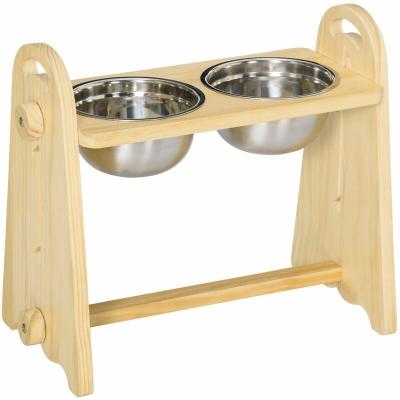 PAWHUT Porte-gamelle double chien chat sur&eacute;lev&eacute; r&eacute;glable bois pin