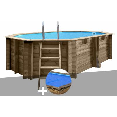 GRE Kit piscine bois Gr&eacute; nade 4,36 x 3,36 x 1,17 m + B&acirc;che &agrave; bulles