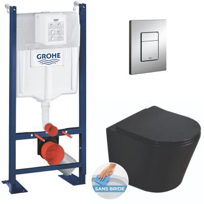 GROHE Pack WC B&acirc;ti autoportant + WC Swiss Aqua Technologies Infinitio noir sans bride + Plaque chrome (ProjectBlackInfinitio-1) 
