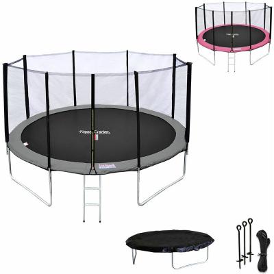 HAPPY GARDEN Pack Premium Trampoline &Oslash;430cm  gris et rose avec filet + &eacute;chelle + b&acirc;che + kit d'ancrage