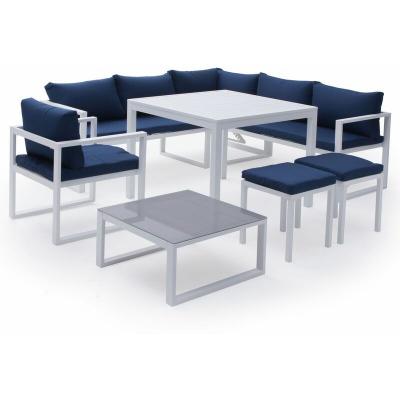 HAPPY GARDEN Salon de jardin modulable IBIZA en tissu bleu 7 places - aluminium blanc
