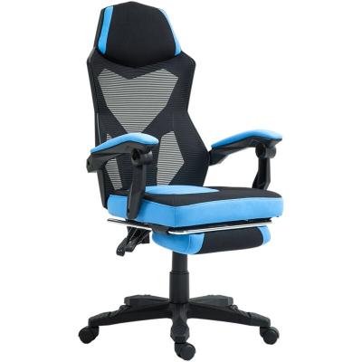 HOMCOM Fauteuil gaming chaise gamer dossier et hauteur r&eacute;glable roulettes pivotantes repose-pied tissu maille bleu noir 