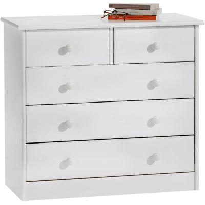 Commode RONDO 5 tiroirs pin massif lasur&eacute; blanc 
