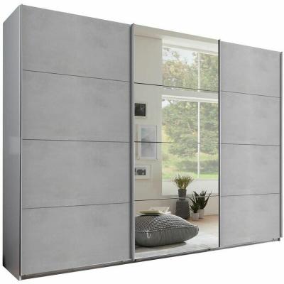 Armoire de rangement 3 portes coulissantes EDWIG 270 cm gris b&eacute;ton / miroir