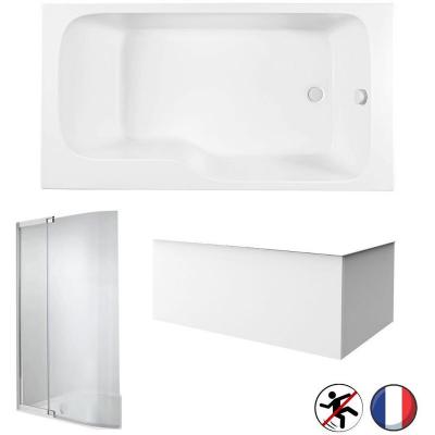 Baignoire bain douche Malice antid&eacute;rapante + tablier angle + pare bain 170 x 90, droite