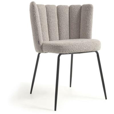 Kave Home - Chaise Aniela bouclette gris clair et m&eacute;tal peint noir