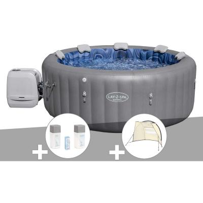 BESTWAY Kit spa gonflable Lay-Z-Spa Santorini rond HydroJet Pro 5/7 places + Kit traitement brome + Auvent